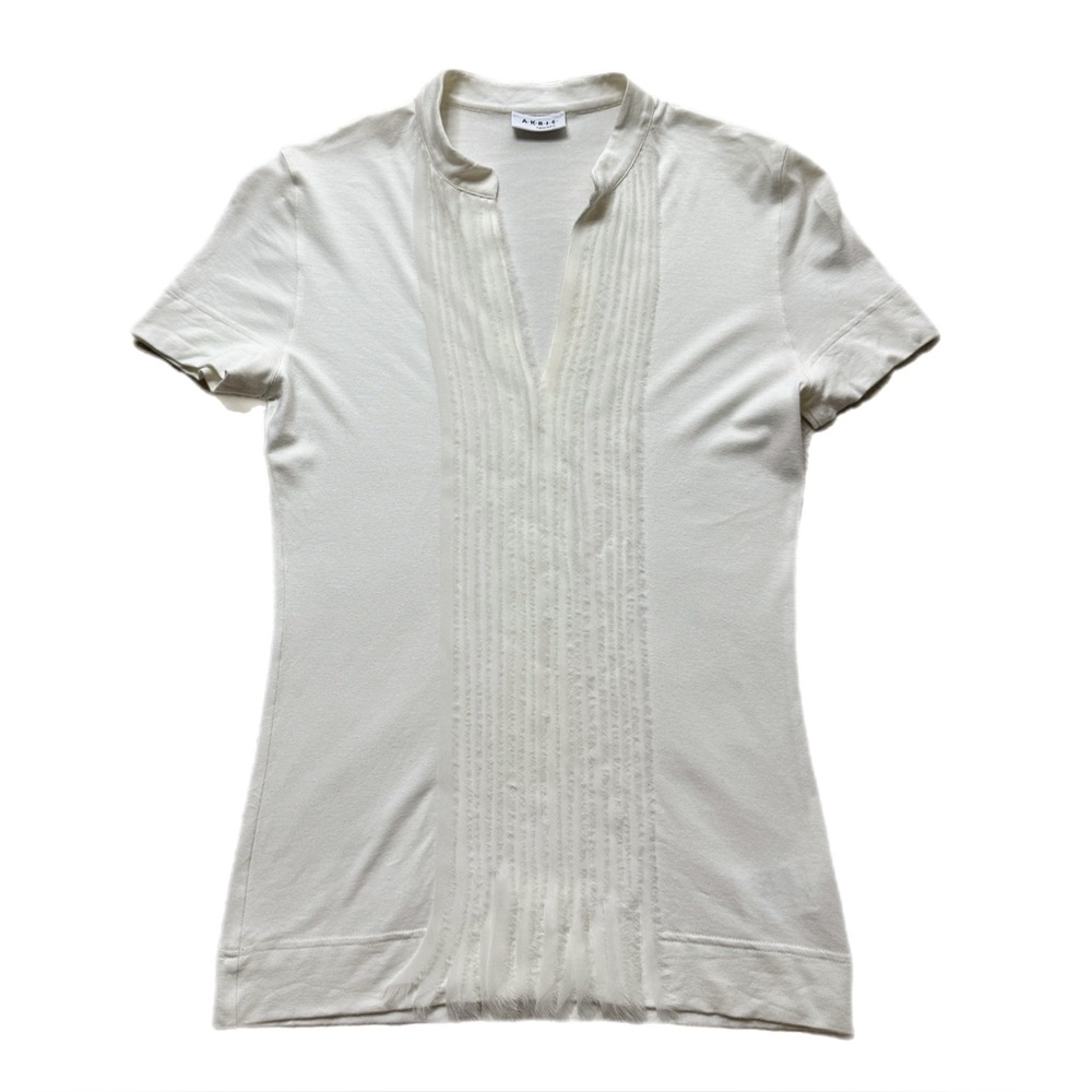 Akris Punto Ivory White Chiffon Pleated Detail Mandarin Collar Tee Top XS